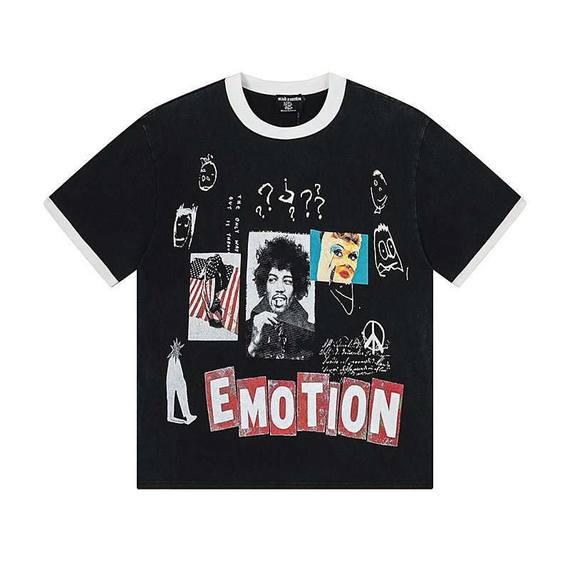 MIXED EMOTION Washed Black Graphic Ringer T-Shirt