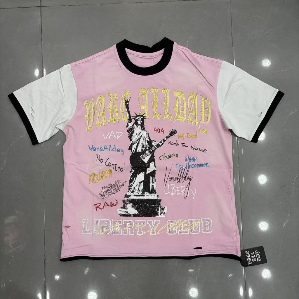 VARE ALL DAY Pink Contrast-Sleeve Graphic T-Shirt