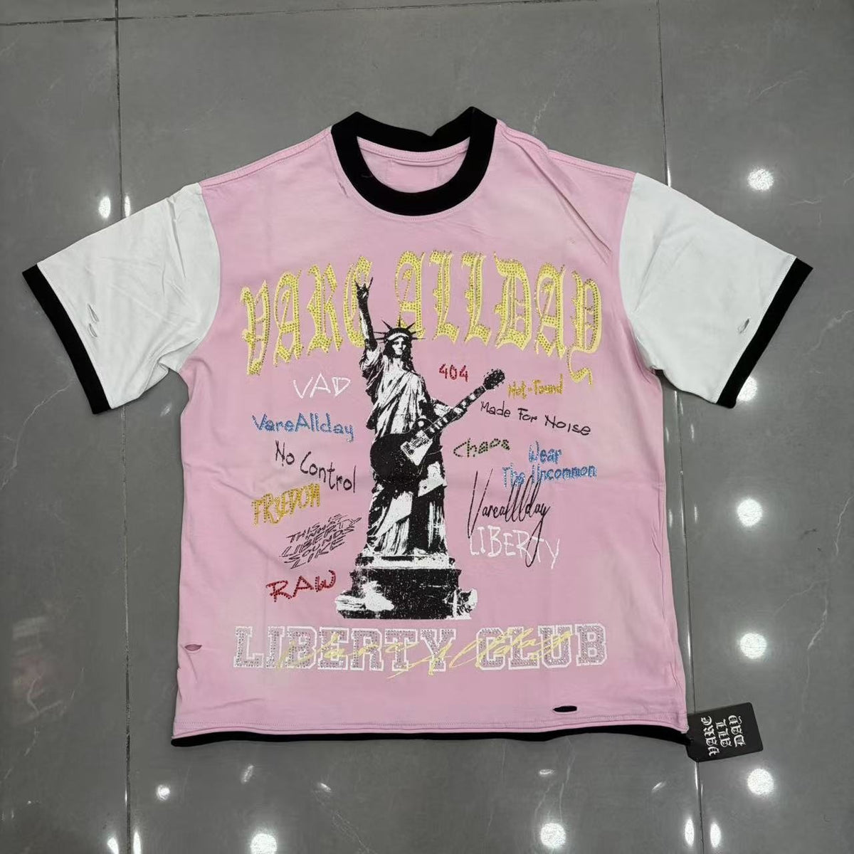 VARE ALL DAY Pink Contrast-Sleeve Graphic T-Shirt