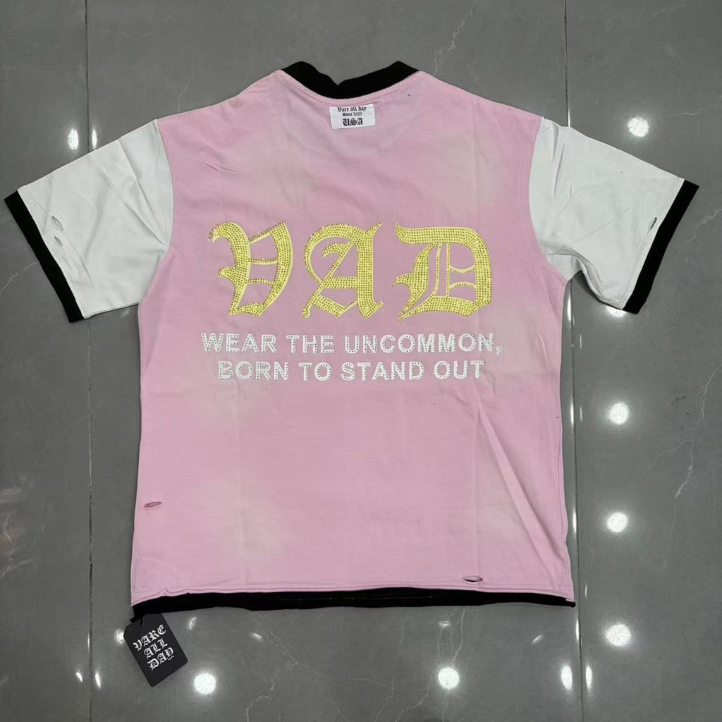 VARE ALL DAY Pink Contrast-Sleeve Graphic T-Shirt