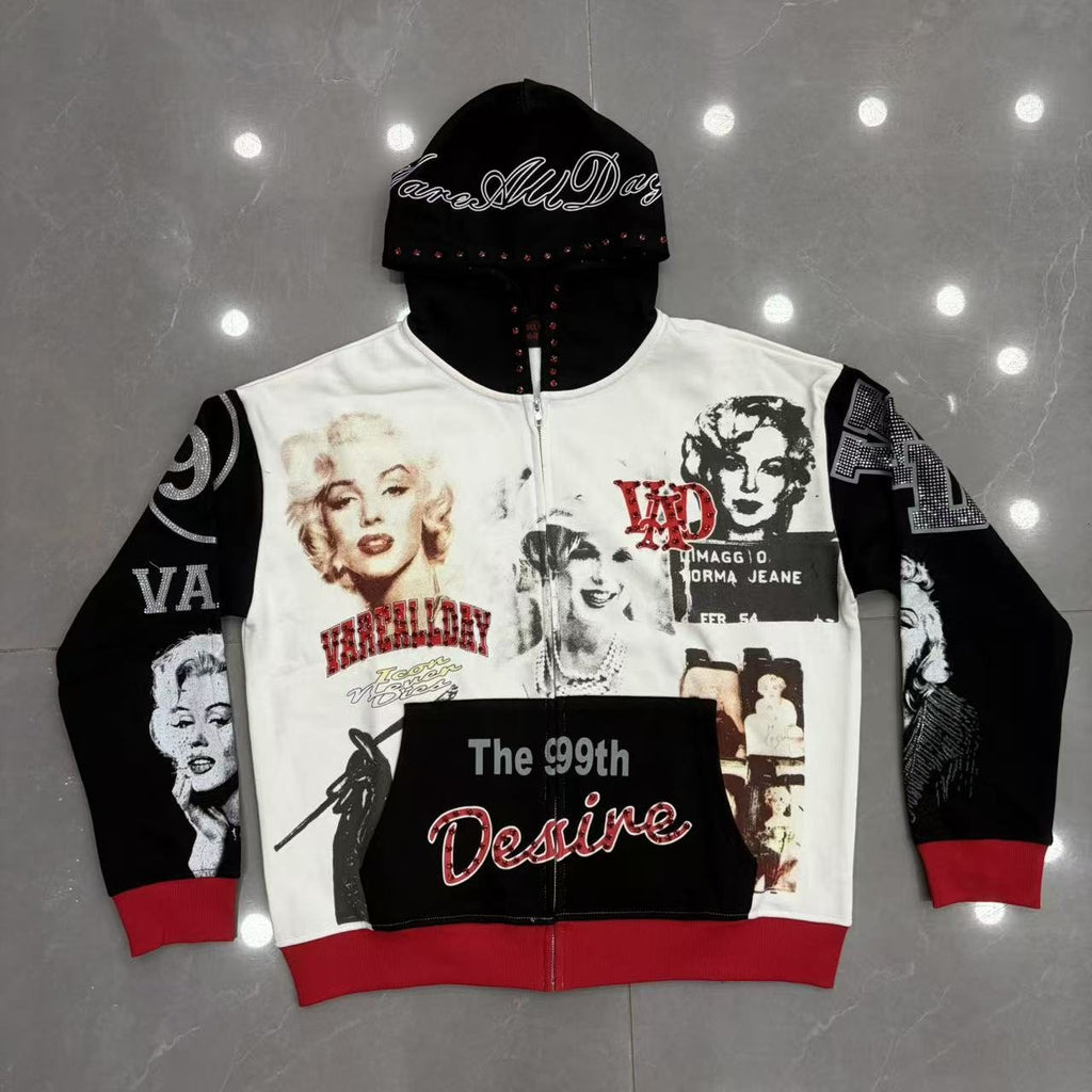 VARE ALL DAY Colorblock Rhinestone Zip Hoodie
