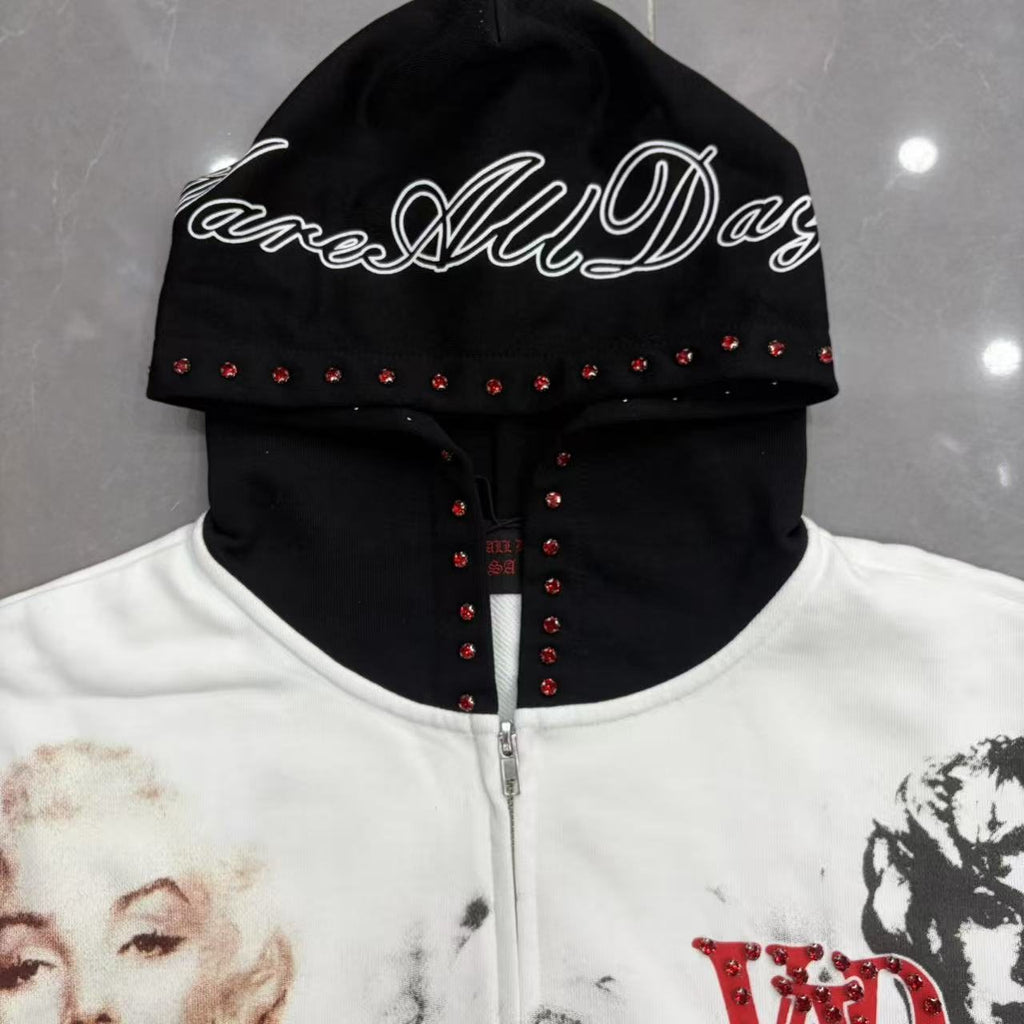VARE ALL DAY Colorblock Rhinestone Zip Hoodie