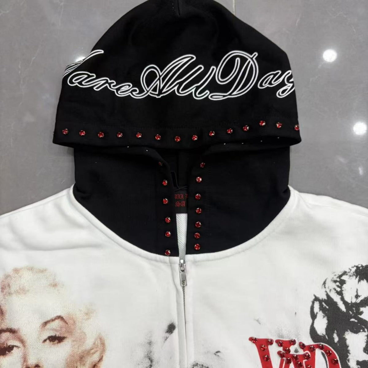 VARE ALL DAY Colorblock Rhinestone Zip Hoodie
