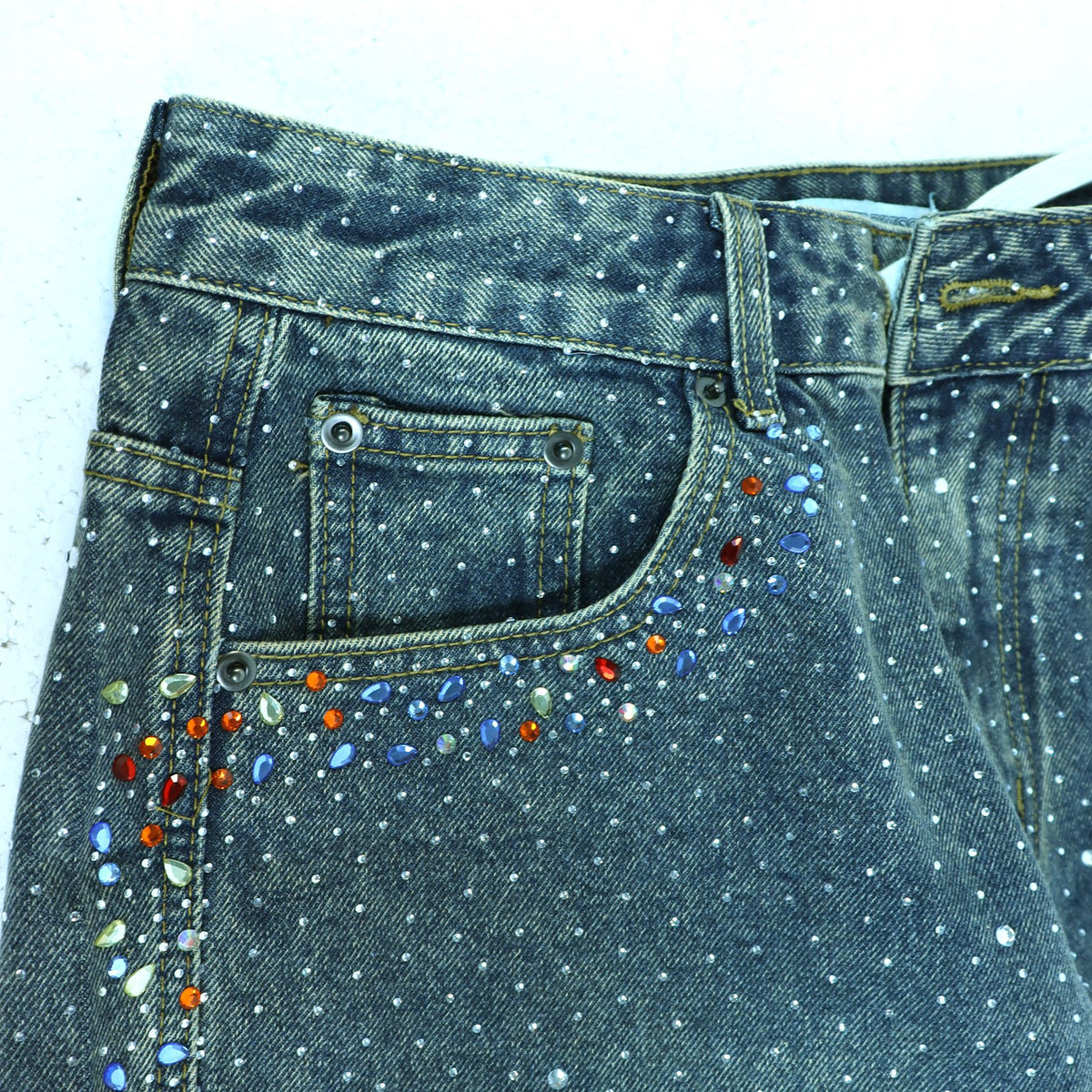 VALLEY Rhinestone Splatter Washed Denim Shorts