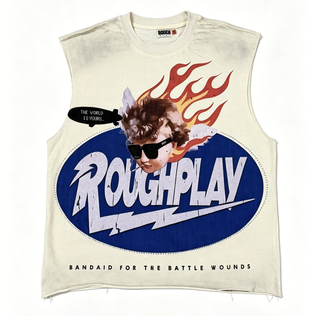 Rough Play Face & Flame Sleeveless T-Shirt