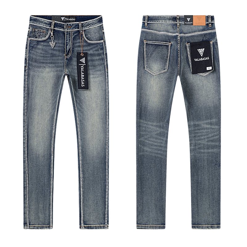 VALABASAS Washed Blue Contrast-Stitch Jeans