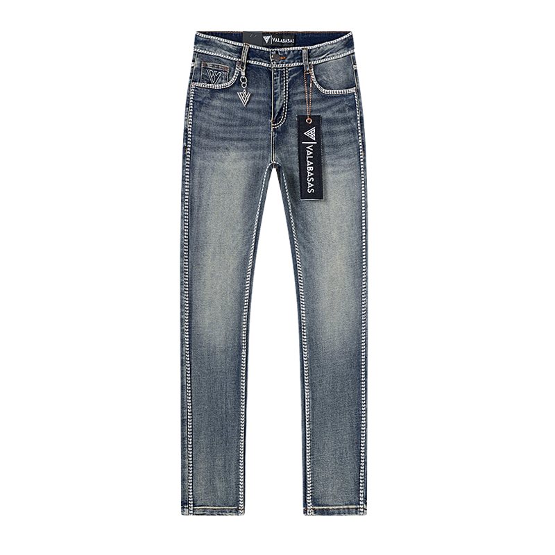 VALABASAS Washed Blue Contrast-Stitch Jeans