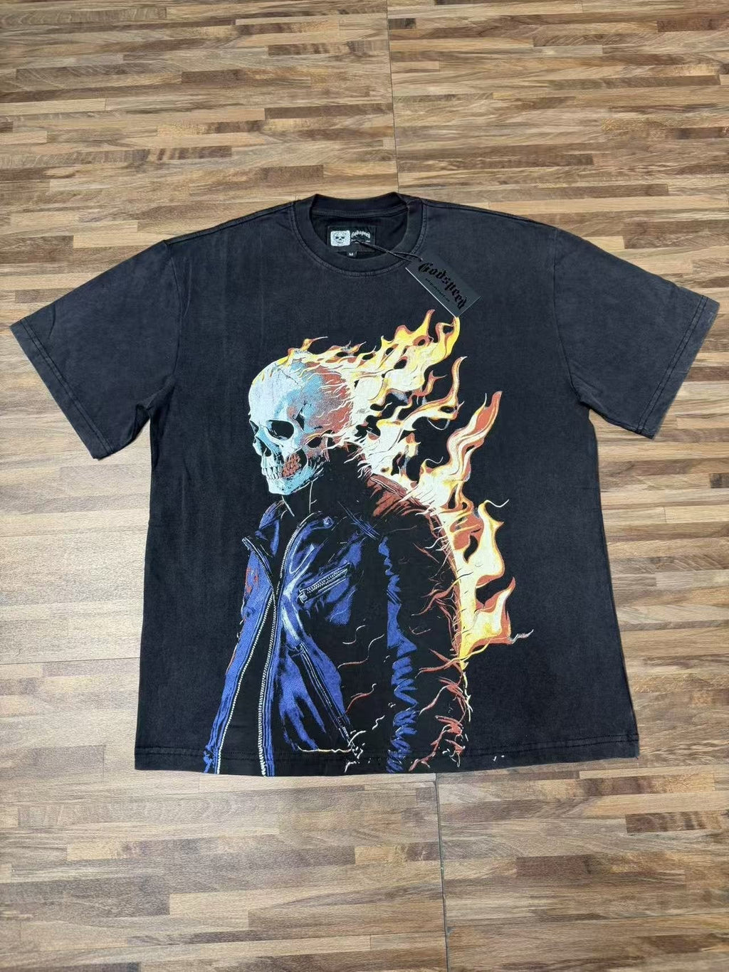 Godspeed Flaming Skull Washed Black Graphic T-Shirt