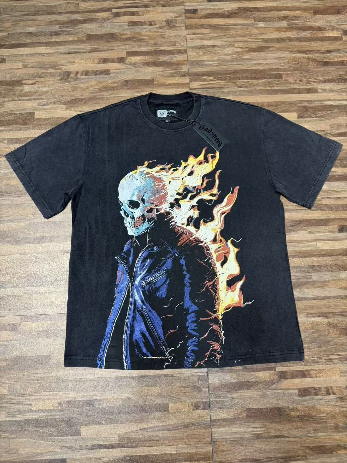 Godspeed Flaming Skull Washed Black Graphic T-Shirt