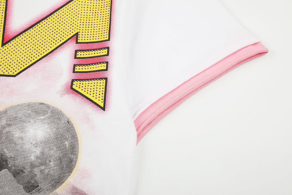 HARMONY Pink-Trim Distressed Graphic T-Shirt