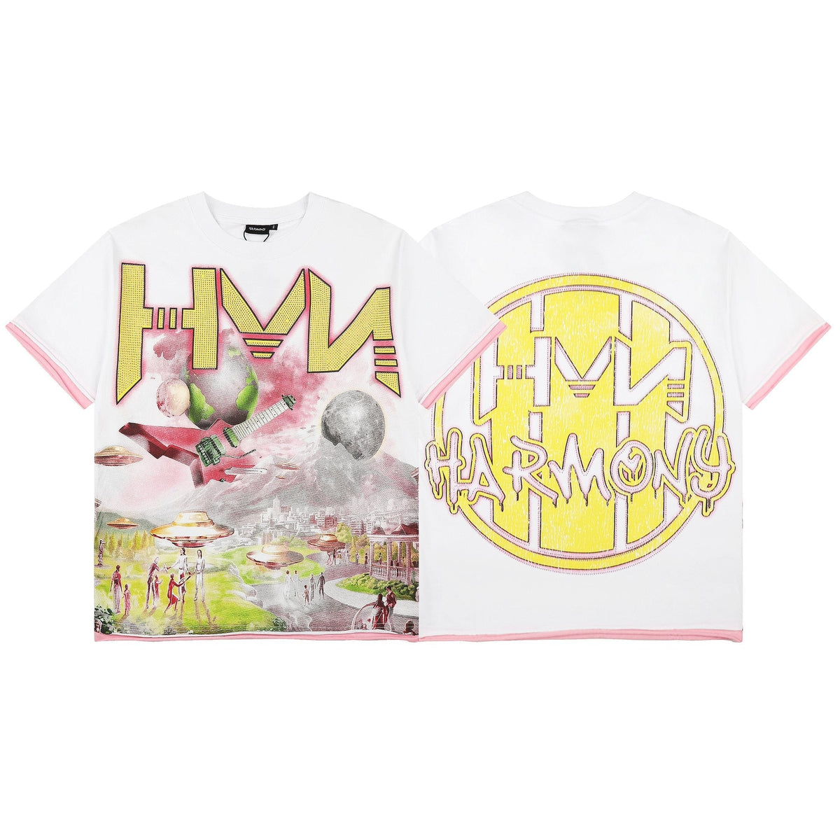 HARMONY Pink-Trim Distressed Graphic T-Shirt