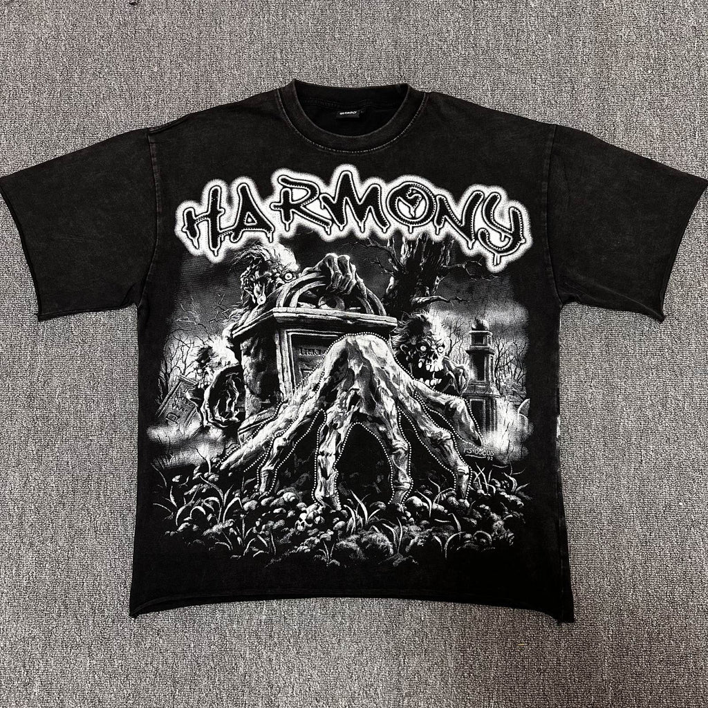 HARMONY Washed Black Rhinestone Graphic T-Shirt