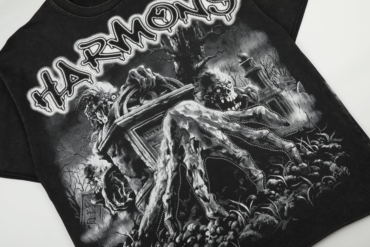 HARMONY Washed Black Rhinestone Graphic T-Shirt