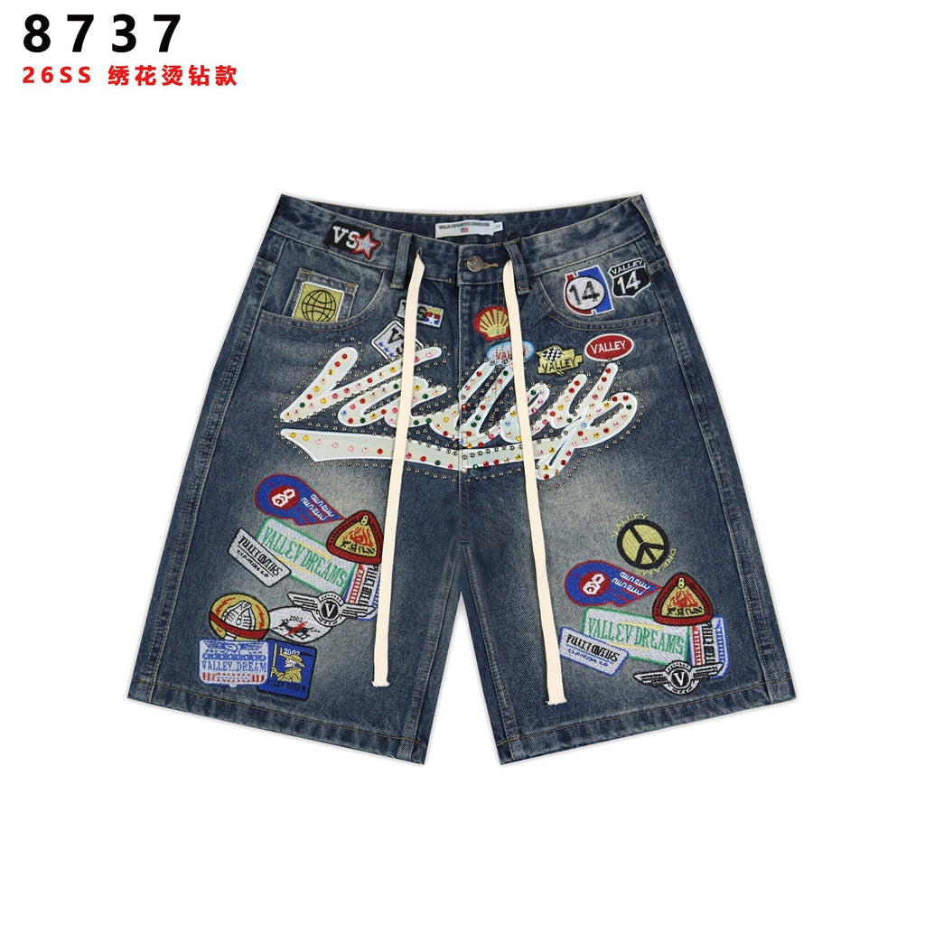 VALE SPORTS DIVISION Patch Embroidered Studded Denim Shorts