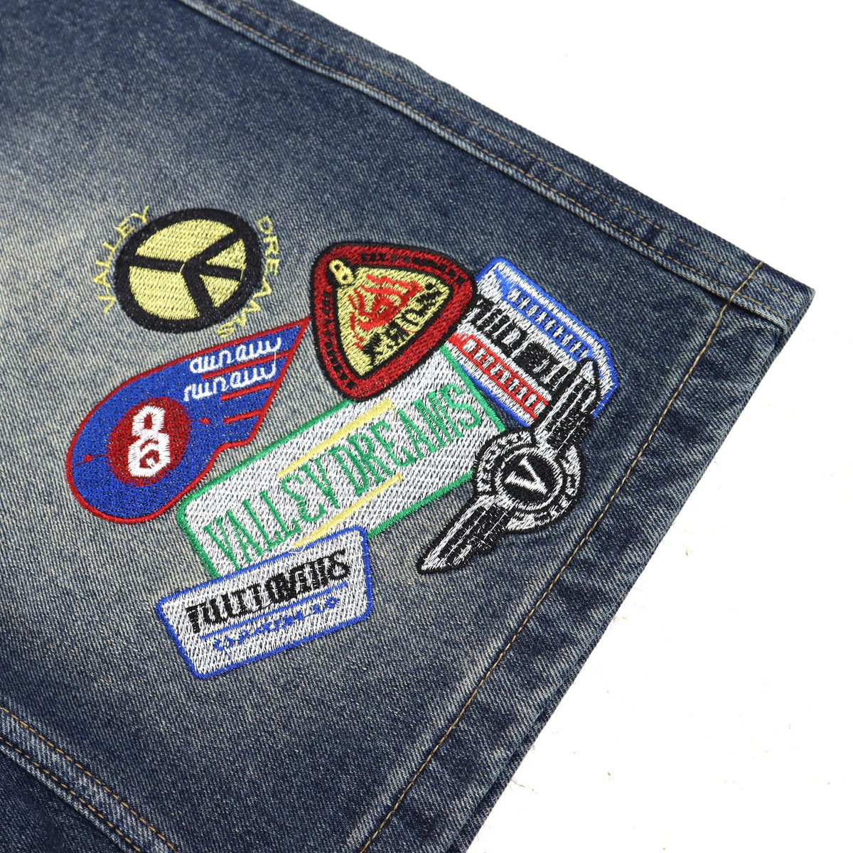 VALE SPORTS DIVISION Patch Embroidered Studded Denim Shorts