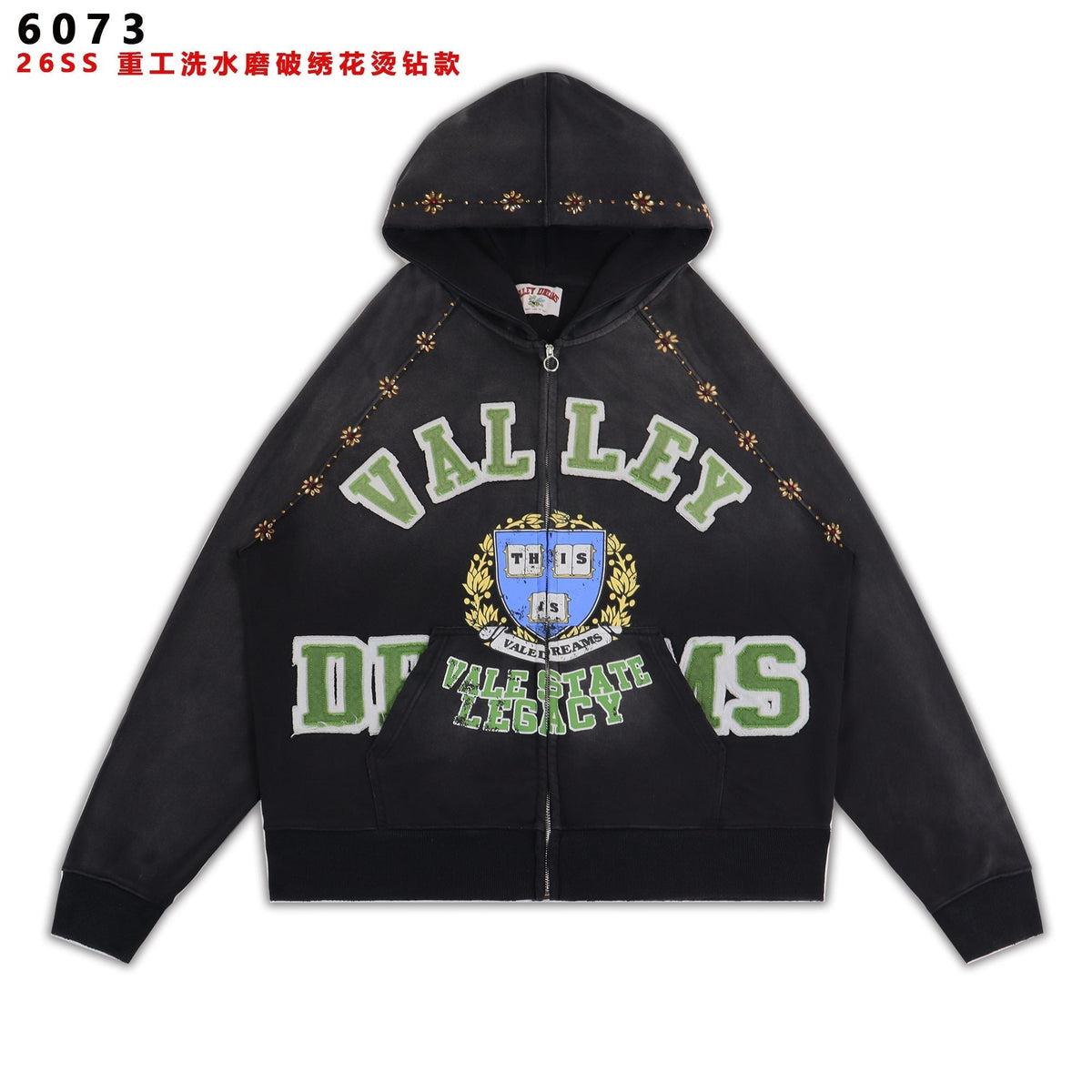 Valley Dreams Varsity Crest Washed Black Zip Hoodie