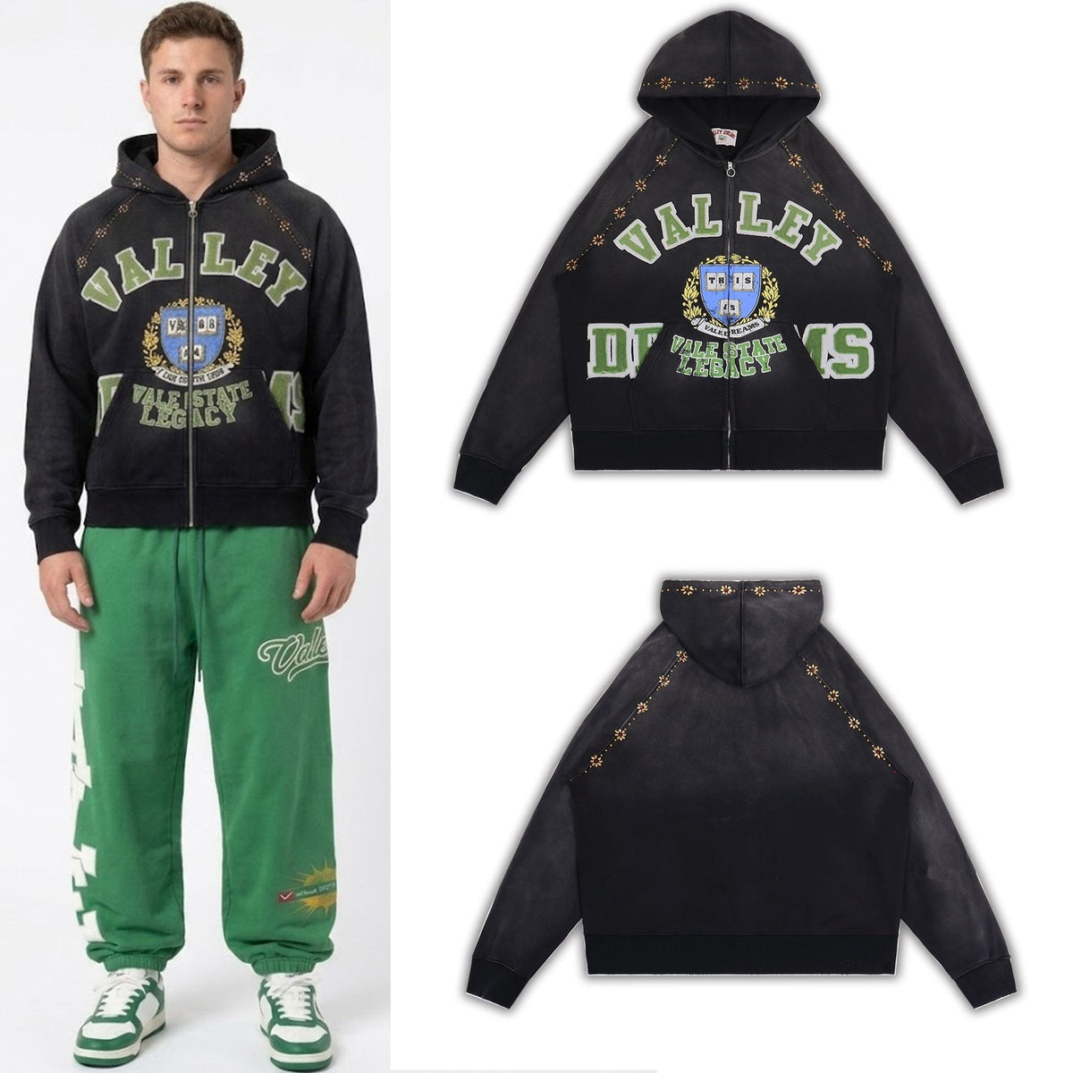 Valley Dreams Varsity Crest Washed Black Zip Hoodie