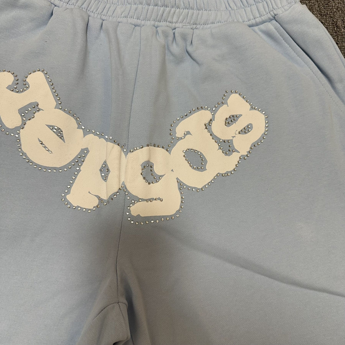 Sp5der Light Blue Rhinestone Logo Sweat Shorts