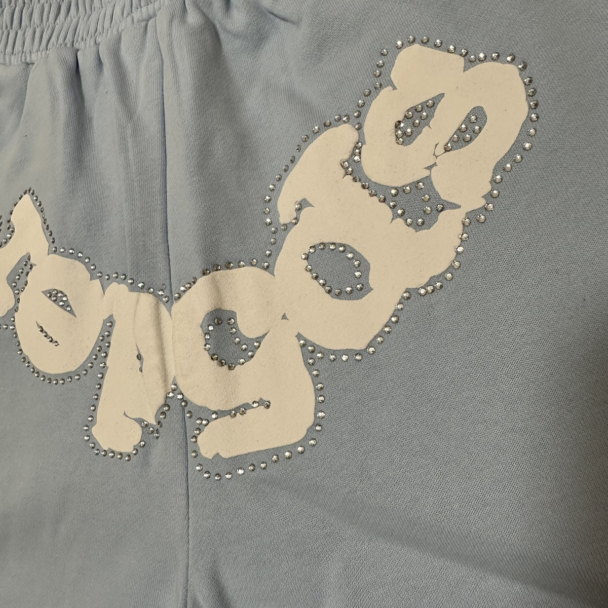 Sp5der Light Blue Rhinestone Logo Sweat Shorts