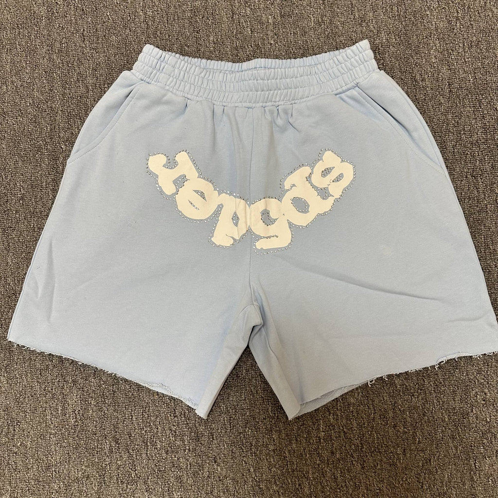 Sp5der Light Blue Rhinestone Logo Sweat Shorts