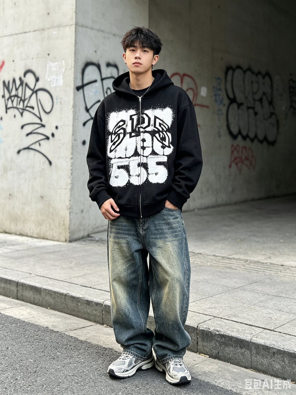 Sp5der Distressed Front Graphic Zip-Up Hoodie