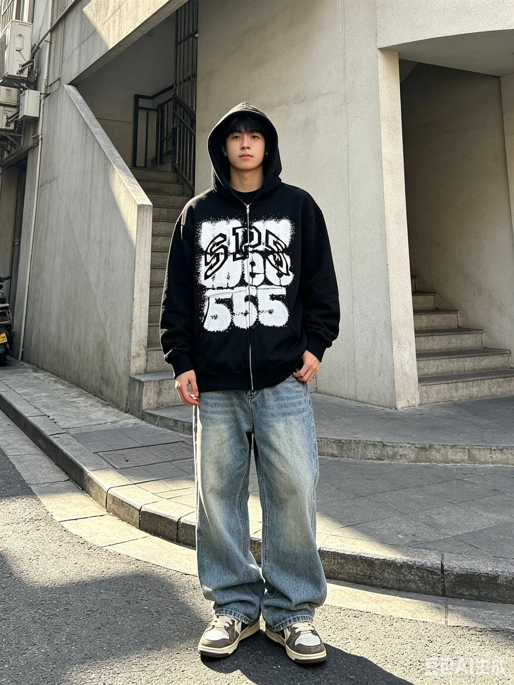 Sp5der Distressed Front Graphic Zip-Up Hoodie