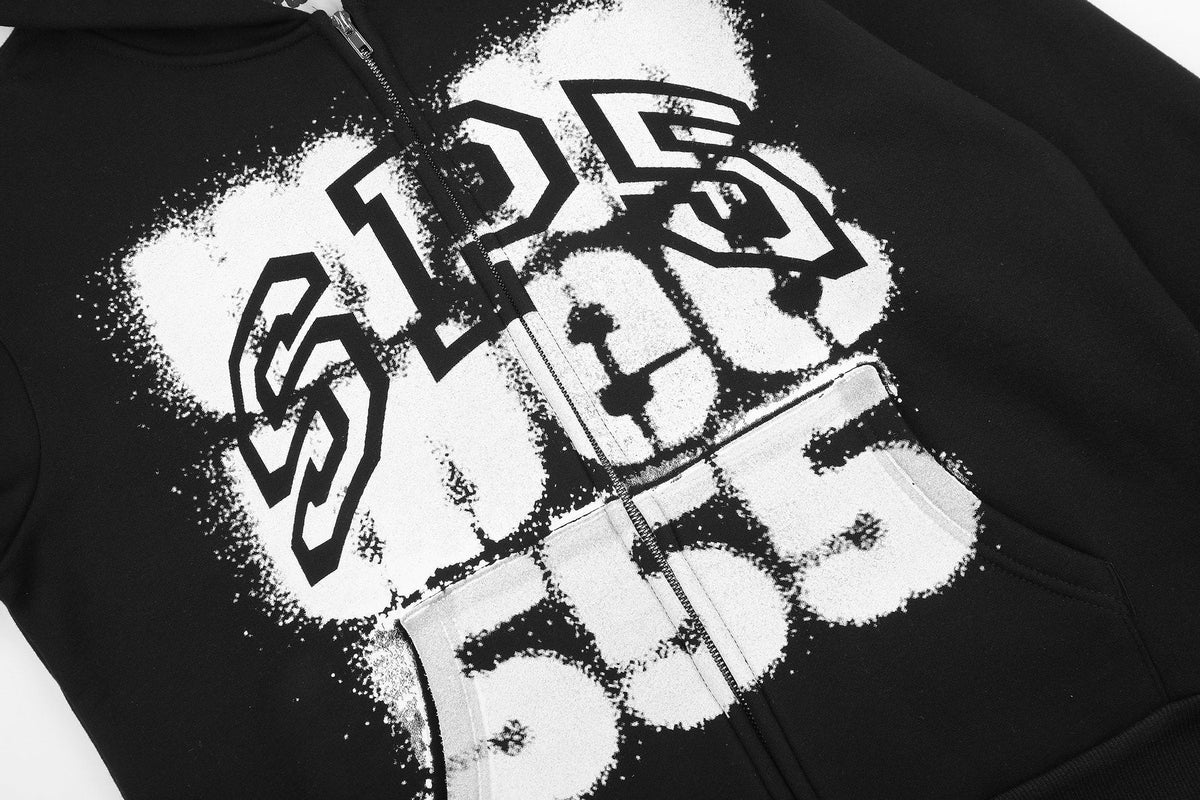 Sp5der Distressed Front Graphic Zip-Up Hoodie