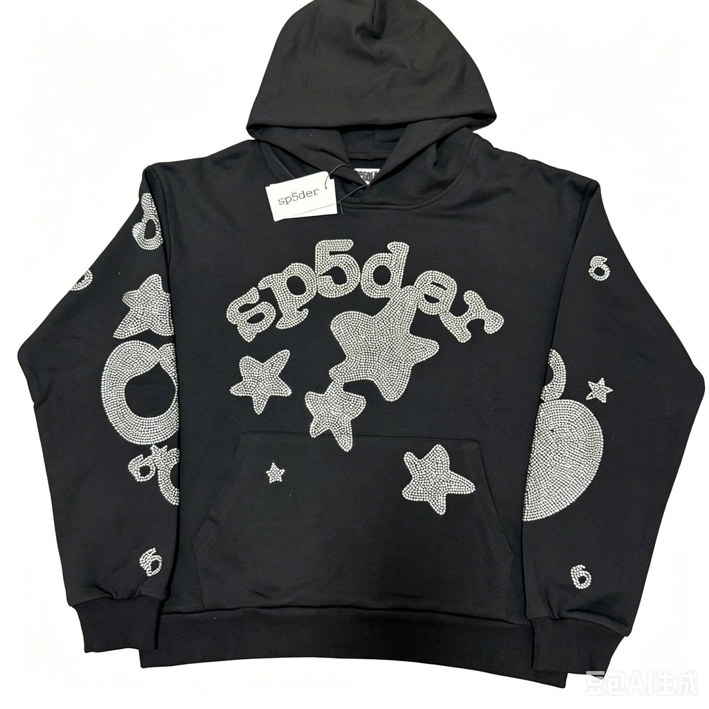 Sp5der Silver Rhinestone-Style Graphic Hoodie