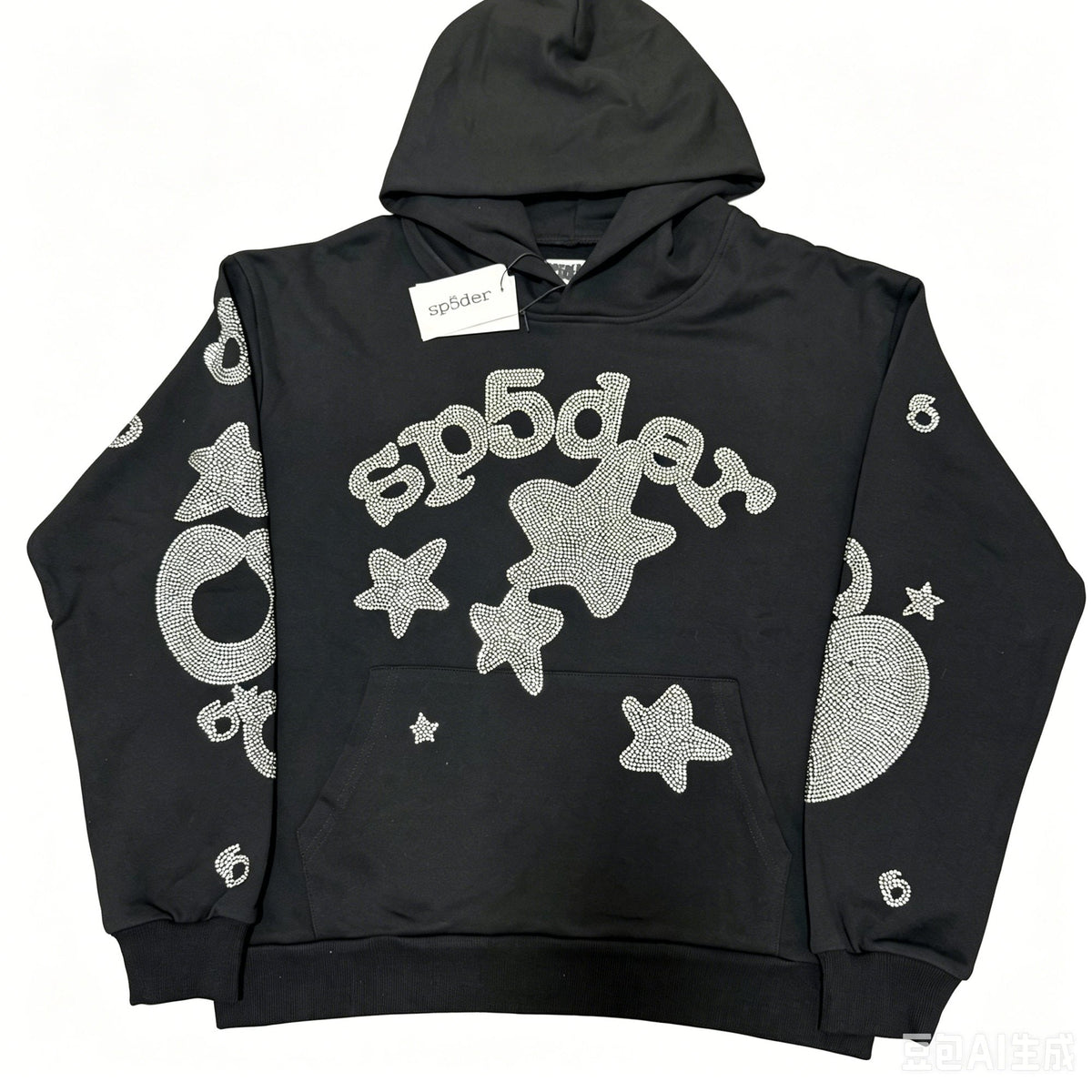 Sp5der Silver Rhinestone-Style Graphic Hoodie