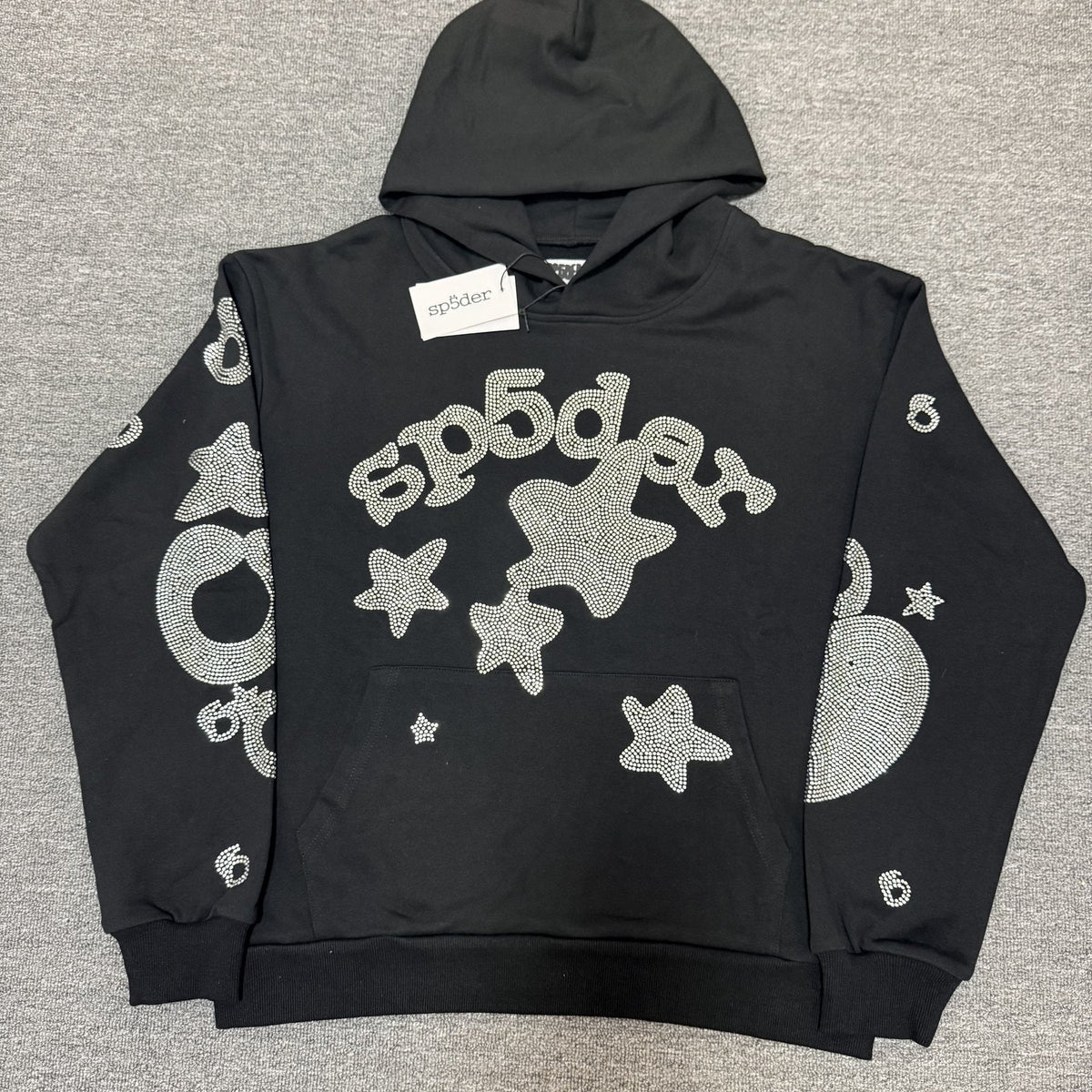 Sp5der Silver Rhinestone-Style Graphic Hoodie