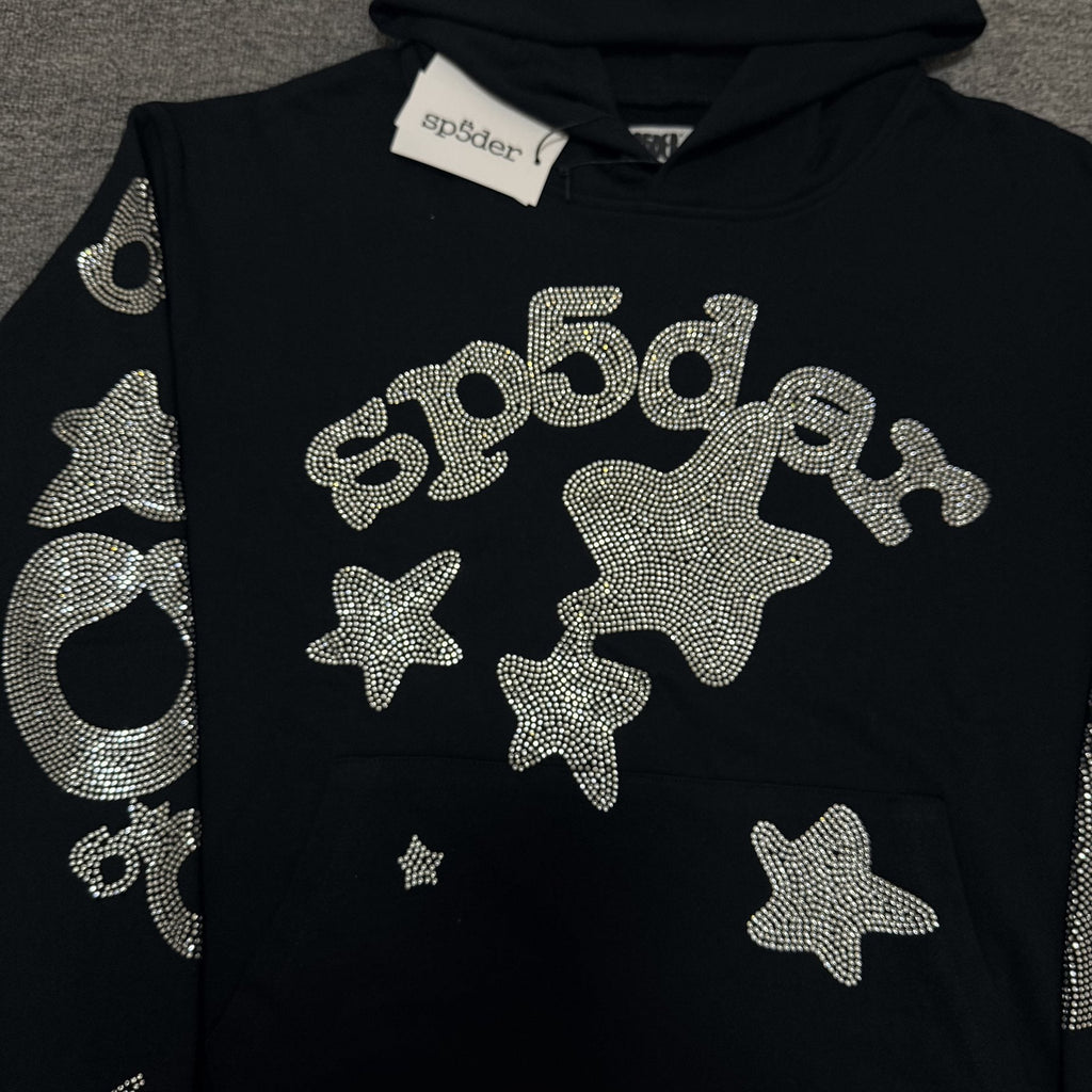 Sp5der Silver Rhinestone-Style Graphic Hoodie