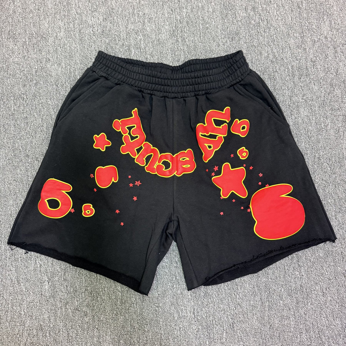 Sp5der Black Graphic Raw-Hem Shorts