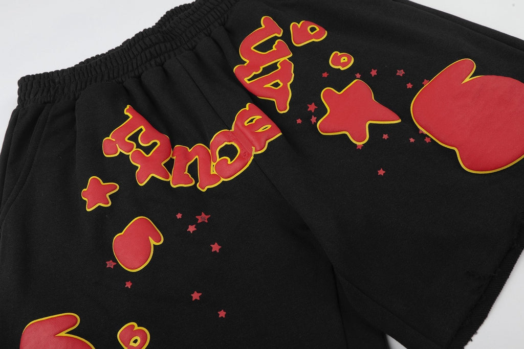 Sp5der Black Graphic Raw-Hem Shorts