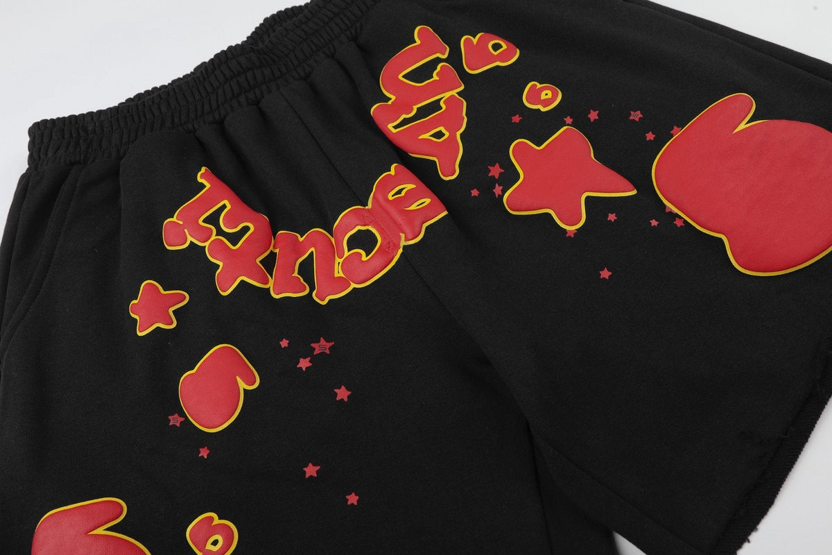 Sp5der Black Graphic Raw-Hem Shorts