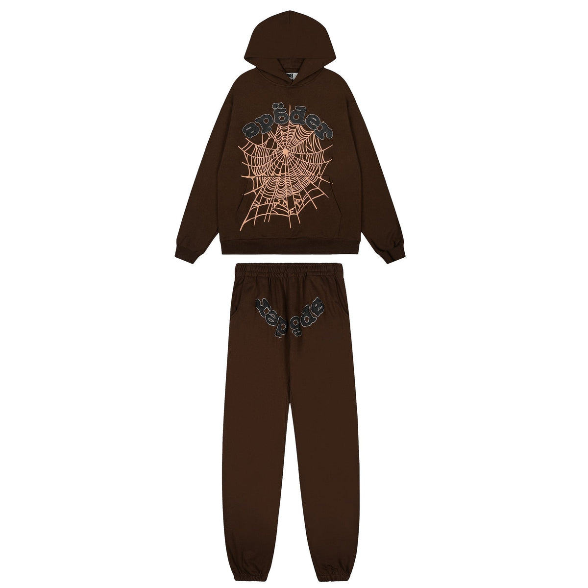 Sp5der Brown Spiderweb Hoodie & Sweatpants Matching Set