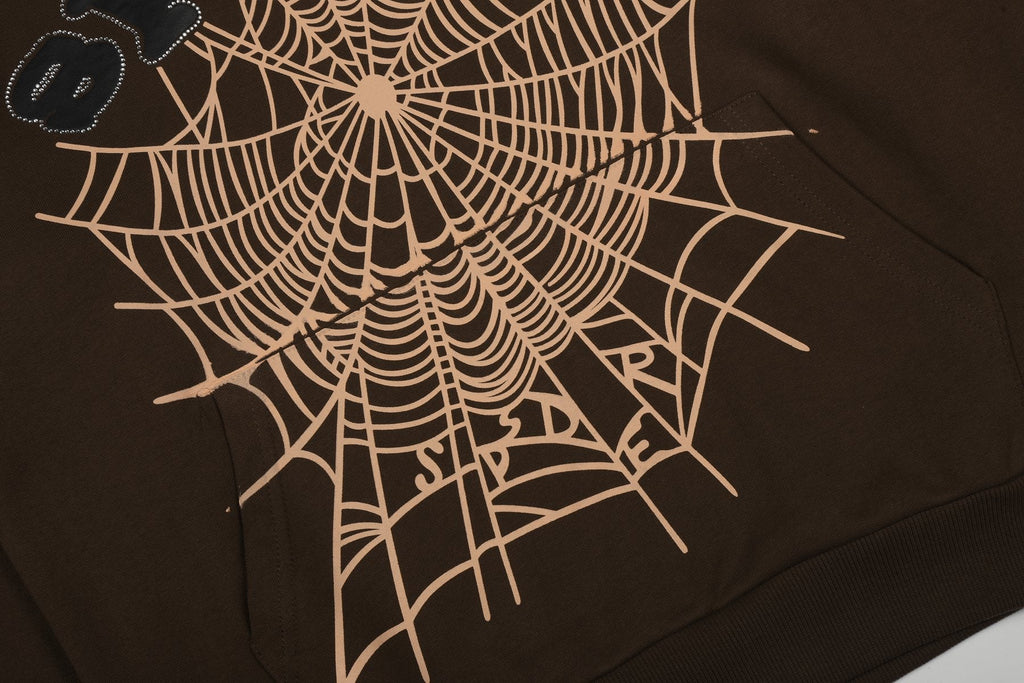 Sp5der Brown Spiderweb Hoodie & Sweatpants Matching Set