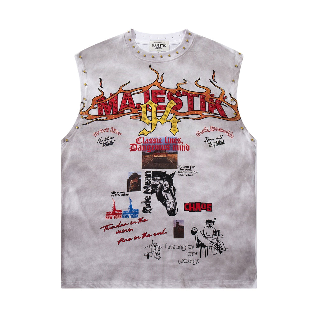 MAJESTIK Studded Washed Graphic Sleeveless T-Shirt