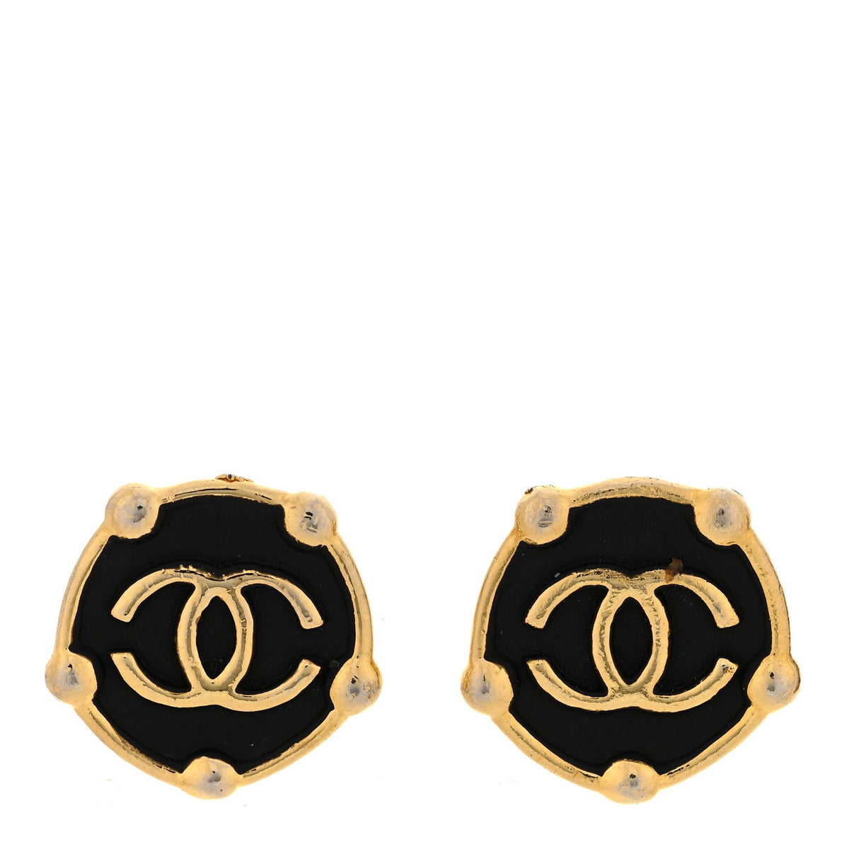 CC Round Clip On Earrings Black Gold