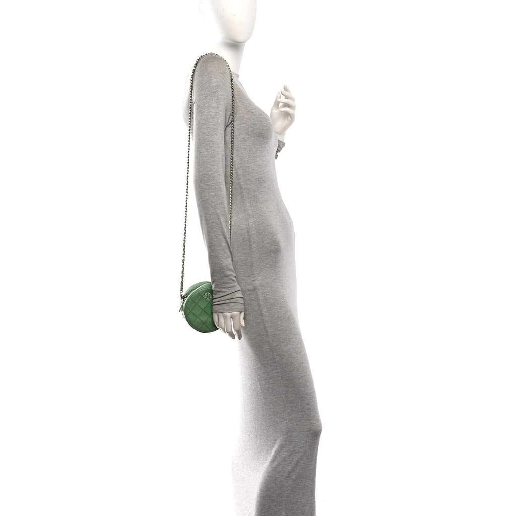 Lambskin Stitch Round Clutch With Chain Green