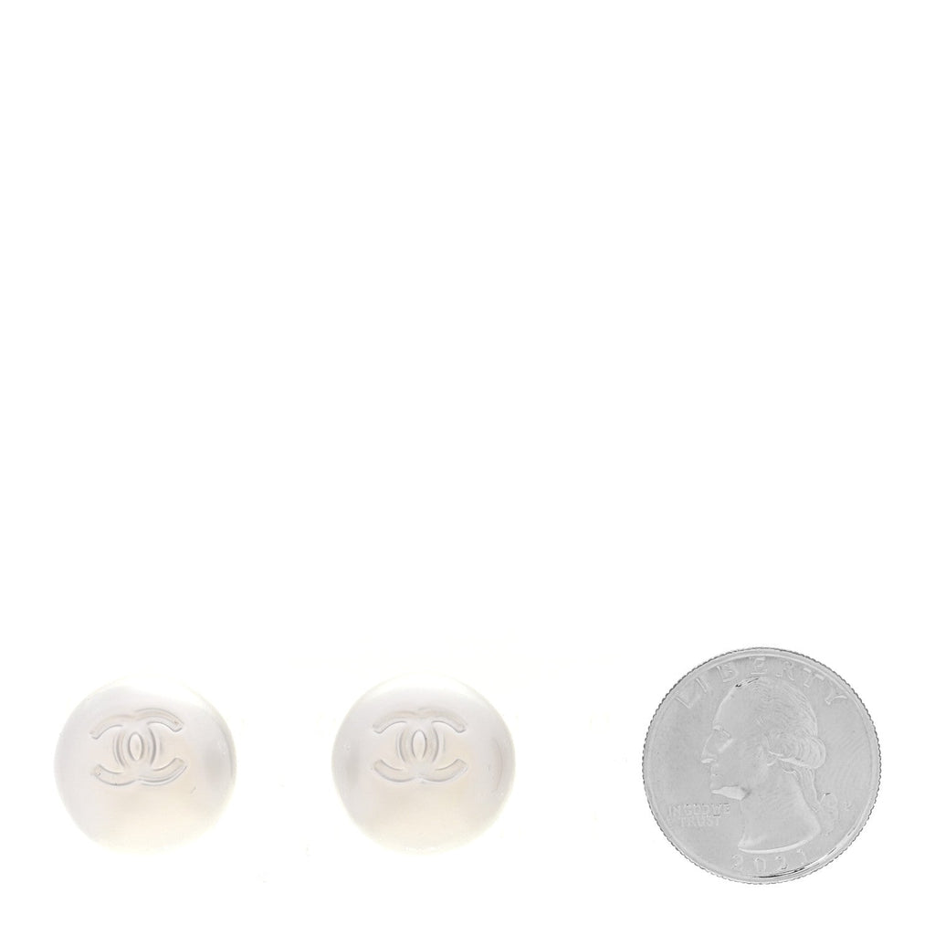 Resin Metal CC Stud Earrings Silver Pearly White