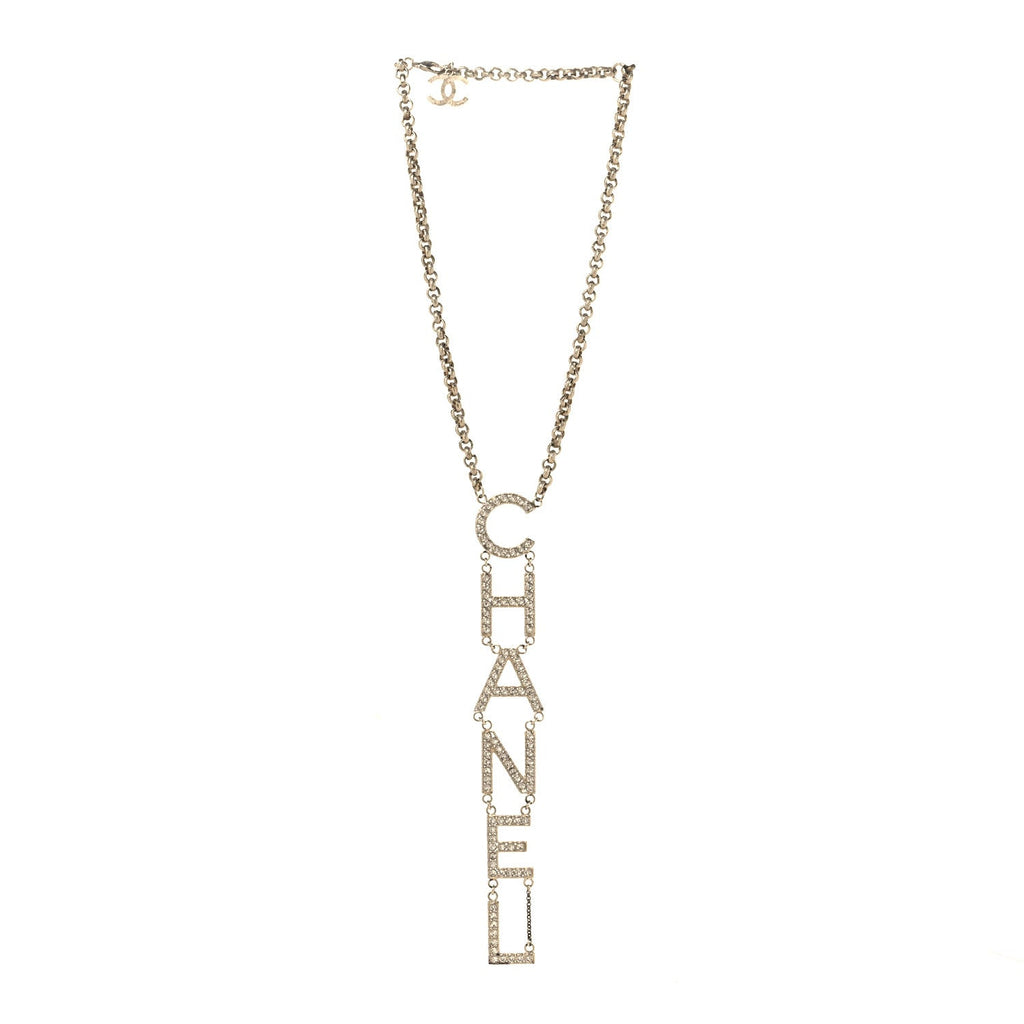 Metal Crystal Cha-Nel Logo Necklace Gold