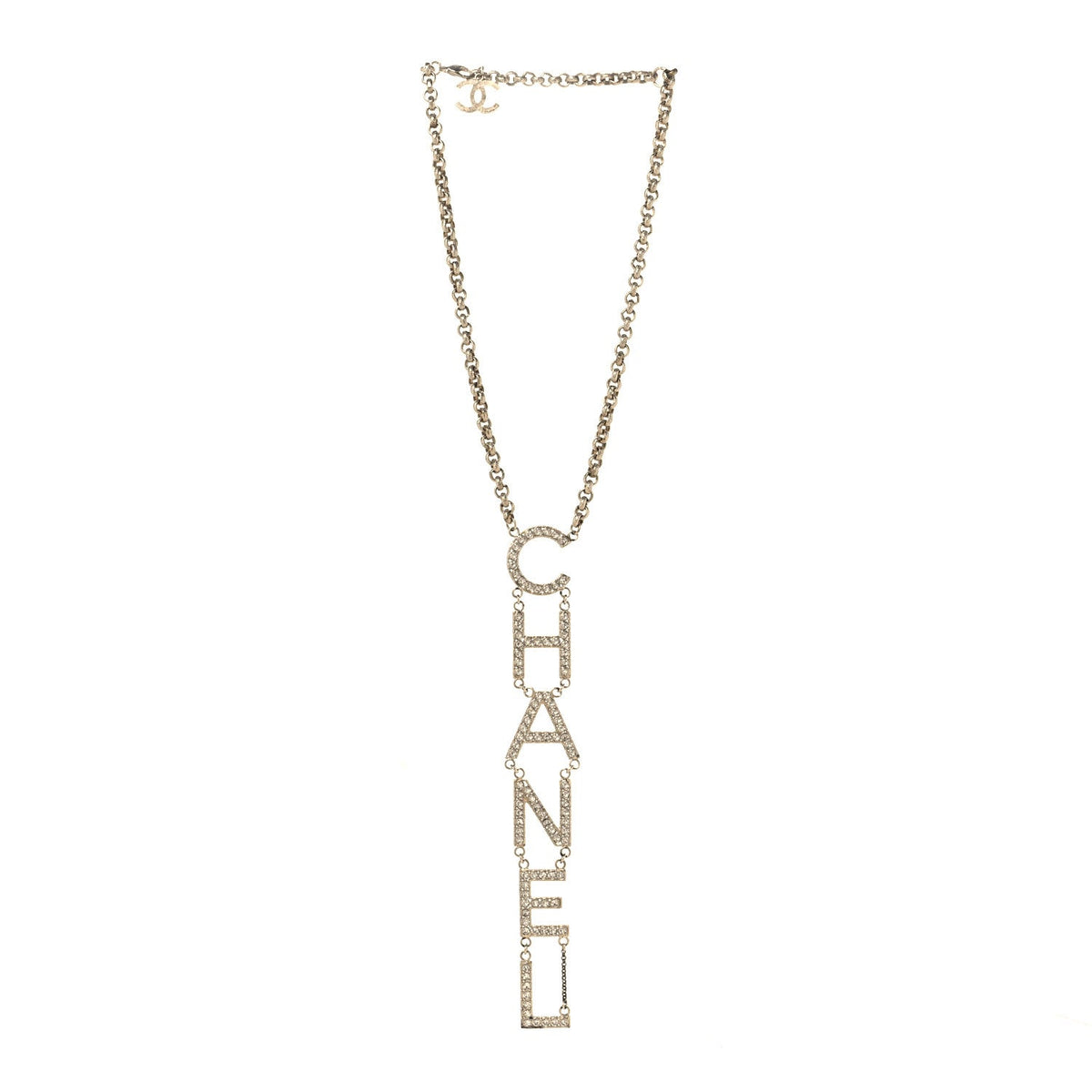Metal Crystal Cha-Nel Logo Necklace Gold