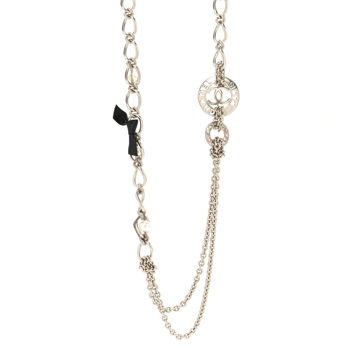 Metal Pearl Chain CC Paris Pendant Long Necklace Light Gold