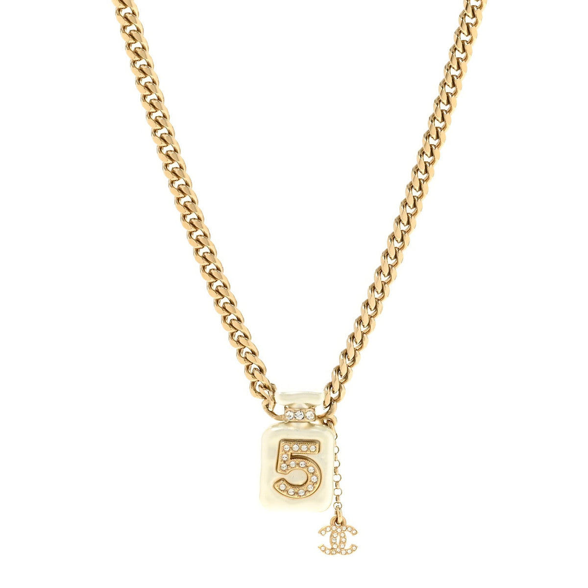 Pearl Resin Crystal CC No 5 Perfume Bottle Necklace Gold Pearly White