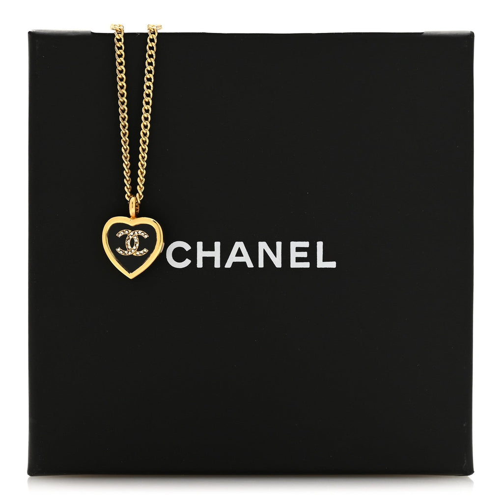 Metal Resin Crystal CC Heart Necklace Gold Black