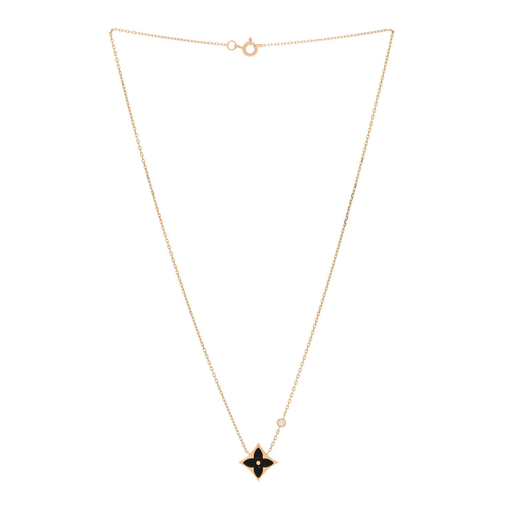 18K Yellow Gold Diamond Black Onyx Color Blossom BB Star Pendant Necklace