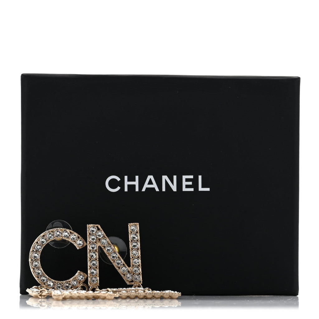 Crystal Cha-Nel Logo Drop Earrings Gold