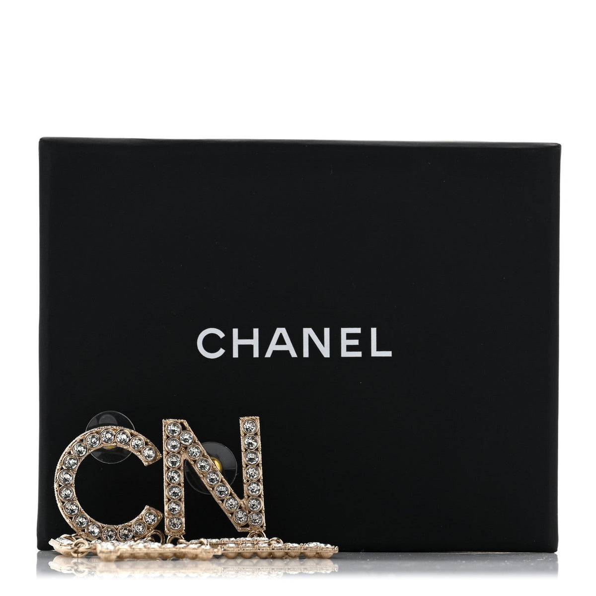 Crystal Cha-Nel Logo Drop Earrings Gold