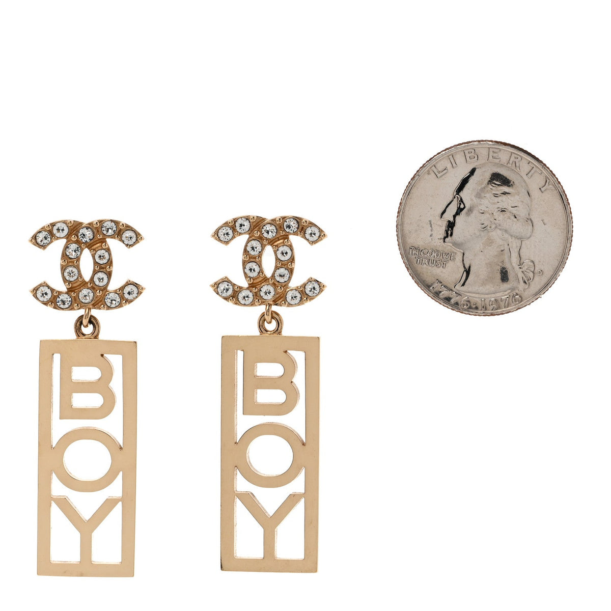 Metal Crystal CC Boy Drop Earrings Gold