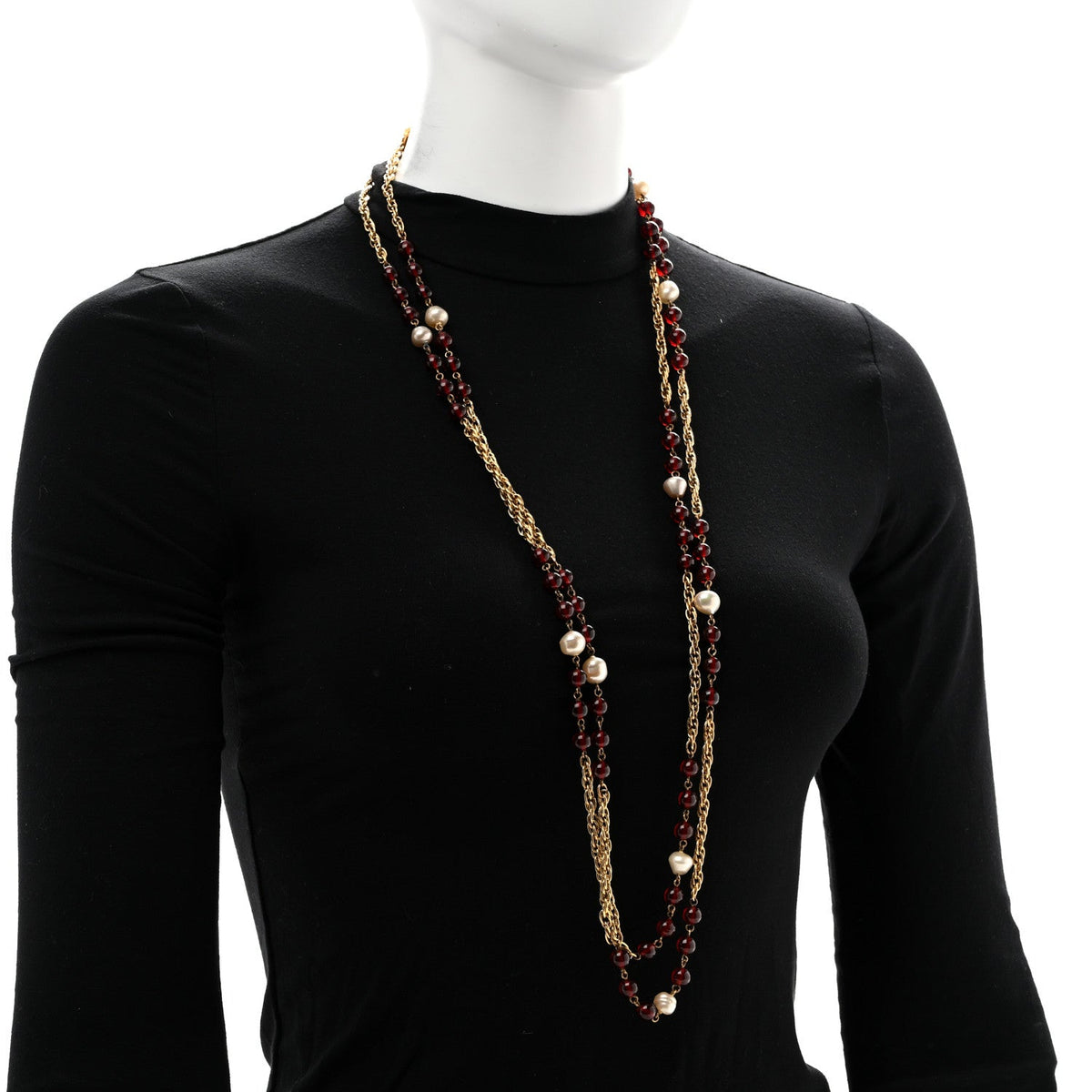 Beaded Pearl CC Long Strand Necklace Gold Red